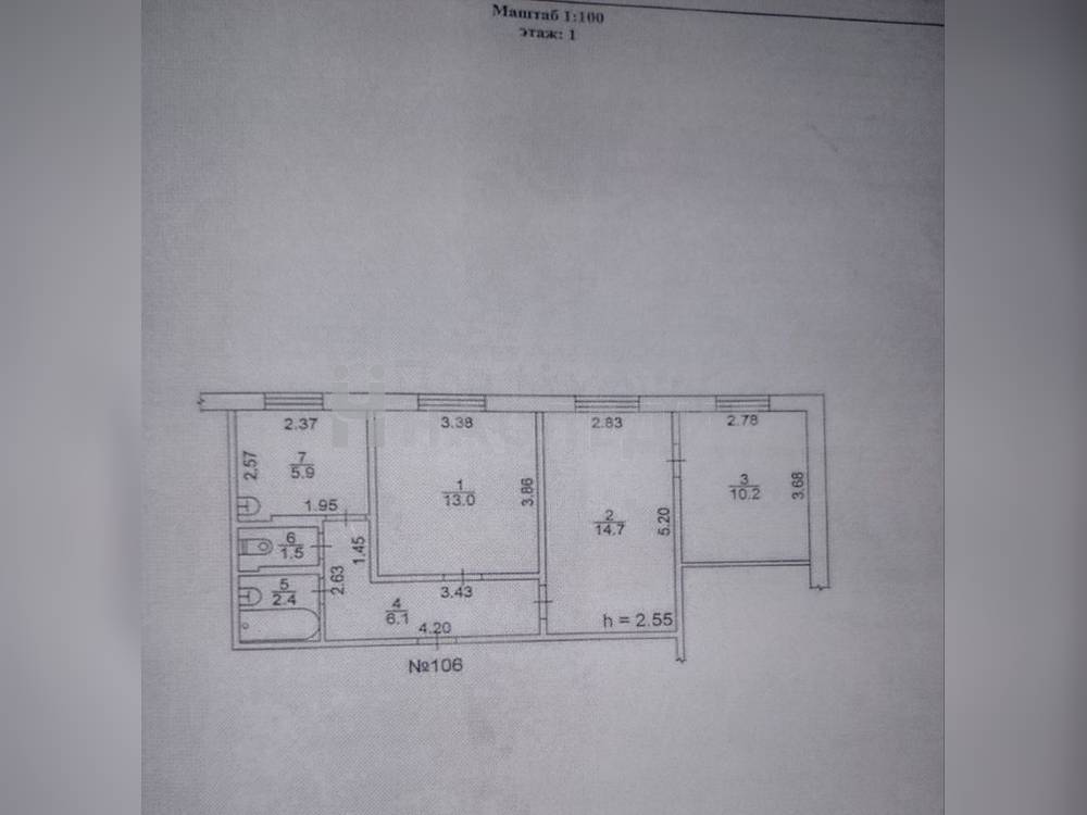3-комнатная квартира, 53.5 м2 1/5 этаж, ЮЗР-3, пер. Дзержинского - фото 1